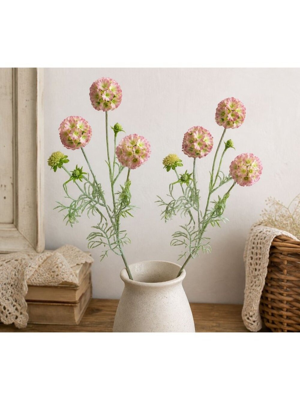 Scabiosa Flower Stems Pink Green Faux Wildflower Floral Filler - Picture 4 of 8